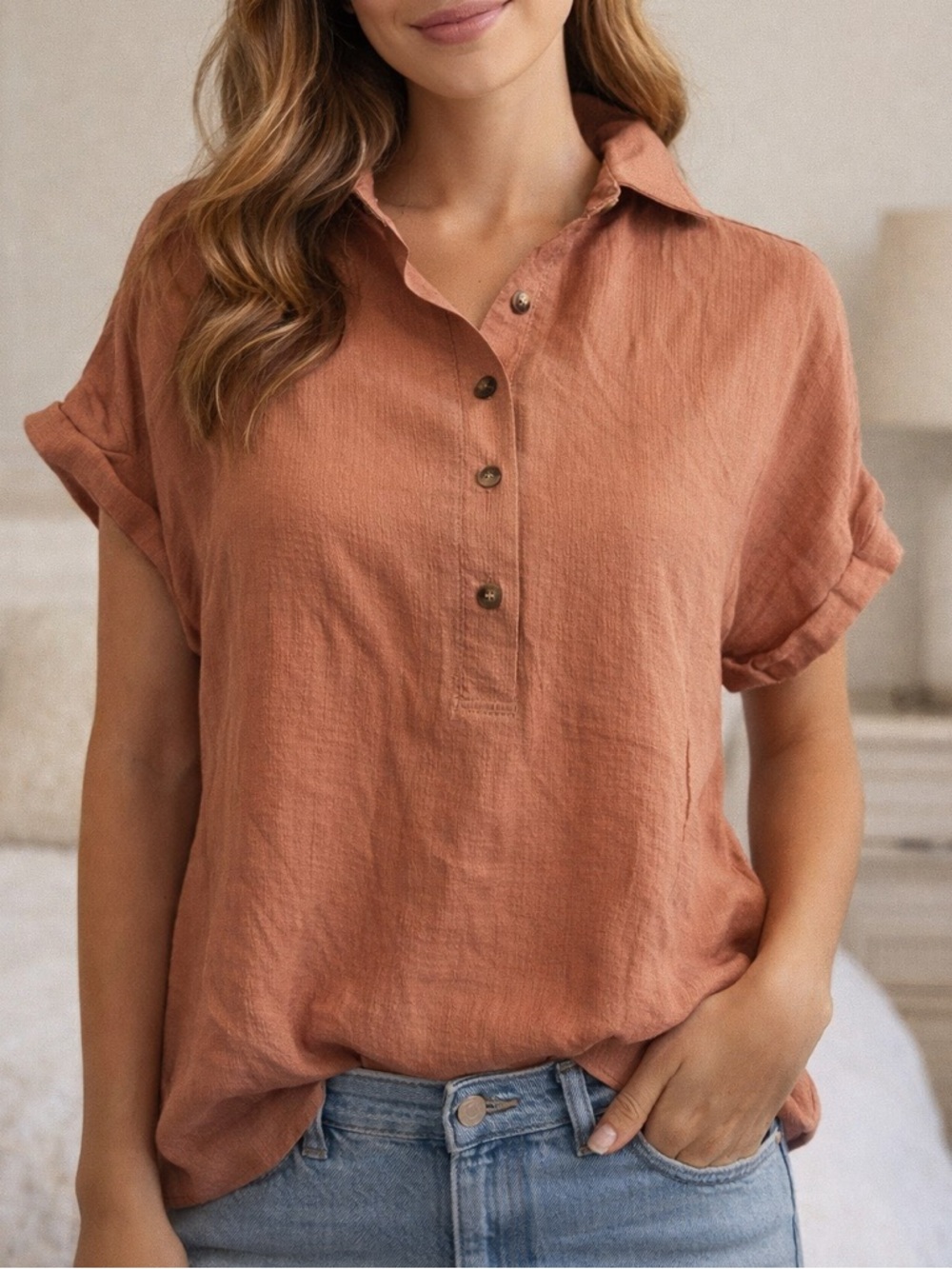 New Mine Terracotta Short-Sleeve Button Down Shirt